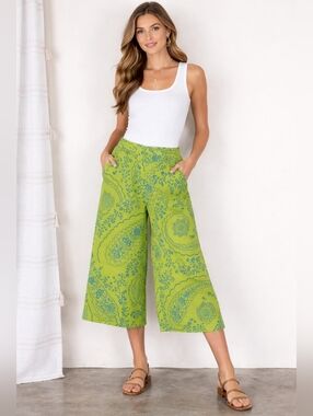 Flax Lime Green And Blue Floral Print Linen Cropped Pants